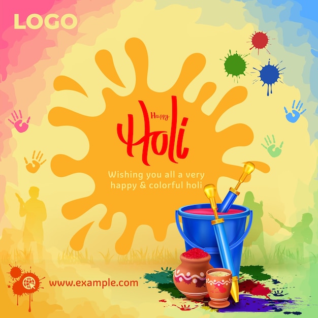 holi festival elements on watercolor background with gulal pichkari color splash social media post