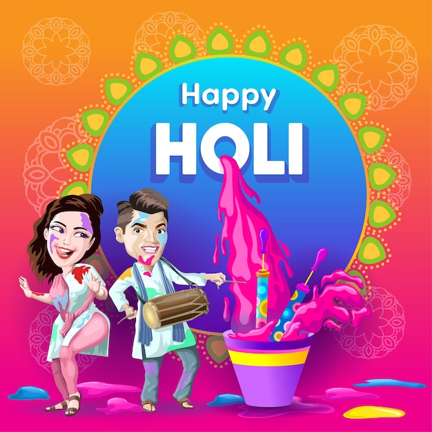 Holi Festival greetings with boy and girl dancing in celebration mood