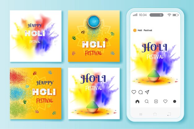 Vector holi festival instagram posts illustration