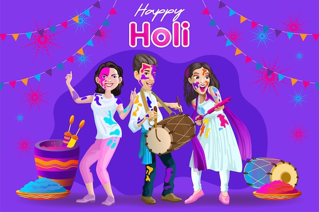 Holi greetings with happy Indian dancers