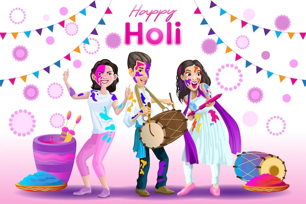 Holi greetings with joyful Indian dancers and drummer