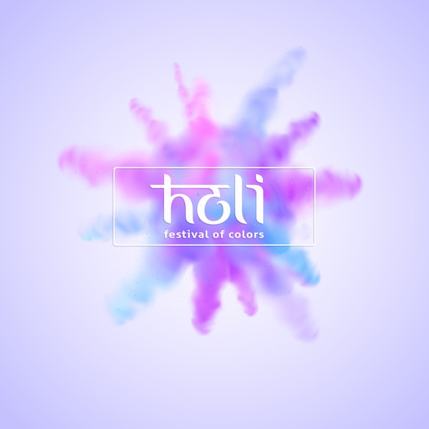 Holi, spring festival of colors. Vector banner with a color powder explosion. Handwritten logo in the style of Indian calligraphy. Burst of blue, pink and purple dyes.