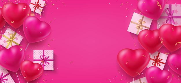 Holiday background Realistic heart shaped balloons and presents on birthday party Confetti wrapped gifts and ribbon bows Greeting card template and copy space Vector pink banner