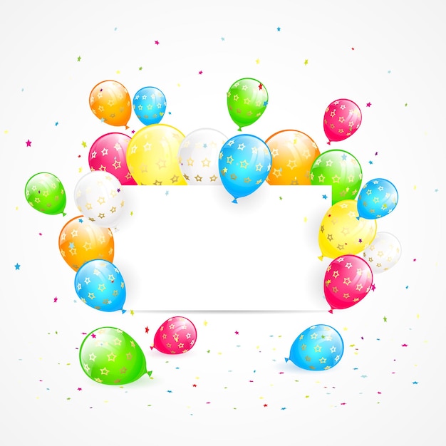 Vector holiday background with blank card flying colorful balloons and confetti illustration