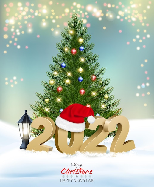 Holiday background with a colorful presents and Christmas tree with garland and balls. Vector.