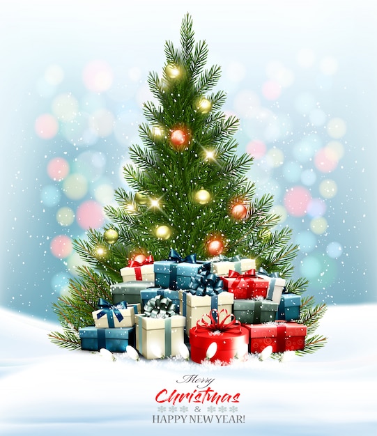 Holiday background with a colorful presents and Christmas tree with garland. .