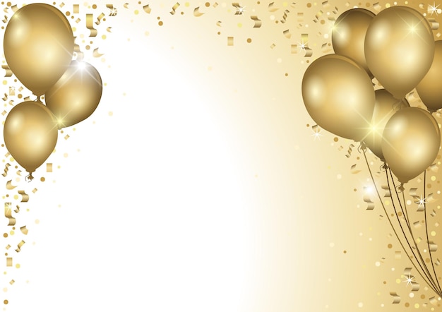 Holiday Background with Gold Party Balloons and Falling Confetti