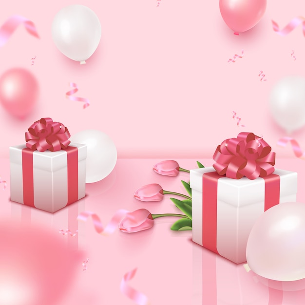 Holiday card with bunch of tulips, pink and white balloons and gift boxes on rosy background. Women's Day, Mother's Day, Valentine's Day, Birthday, anniversary, wedding template.   illustration