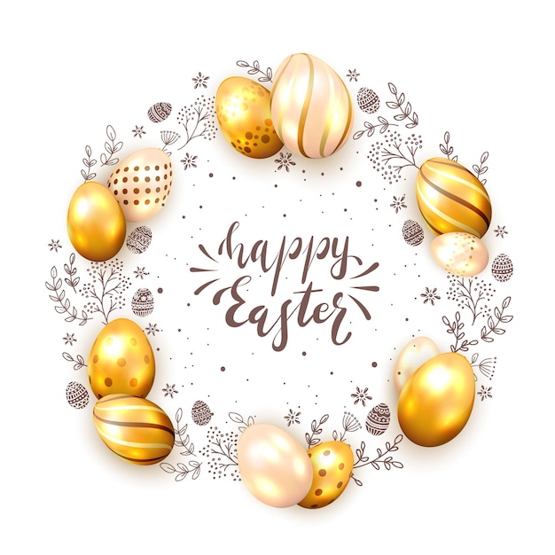 Holiday card with golden Easter eggs and floral elements on white background and lettering Happy Easter. Illustration can be used for holiday design, banner, website, greeting cards.