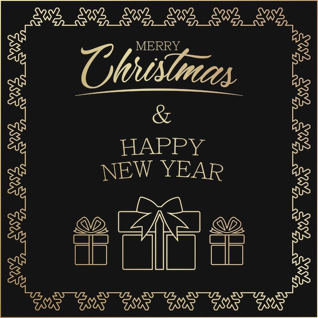 Holiday card with text Merry Christmas and Happy New Year on the black background with golden frame