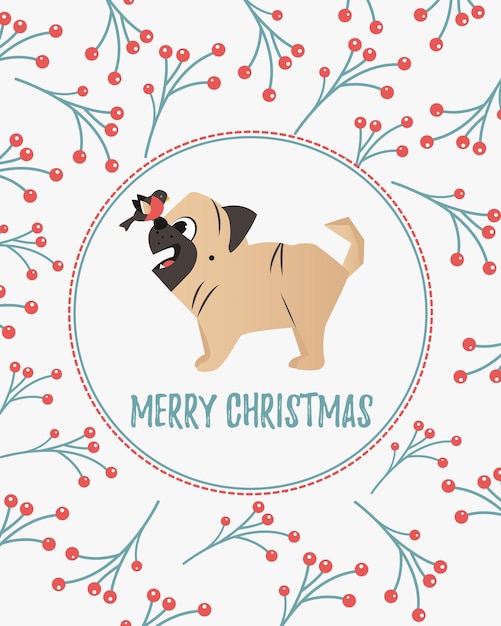 Vector holiday card with twigs and berries ornament and funny pug