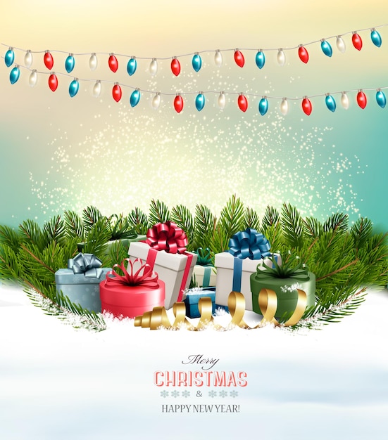 Holiday Christmas background with a gift boxes and garland. Vector