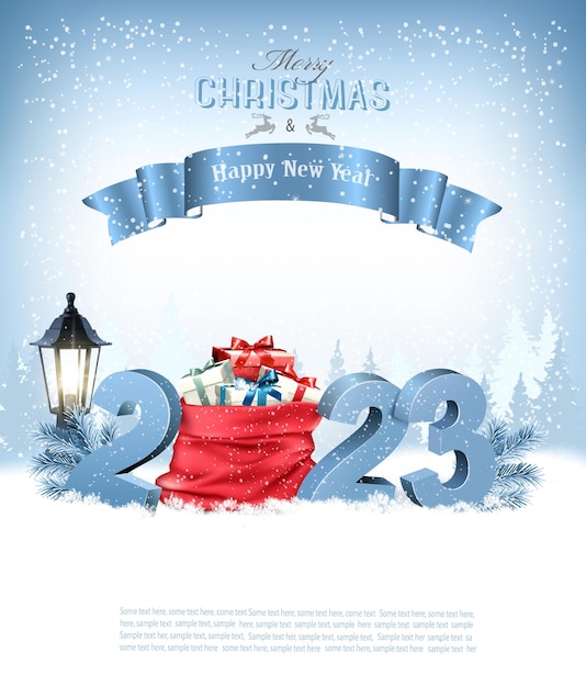 Holiday Christmas background with a red sack full presents and 2023 Vector