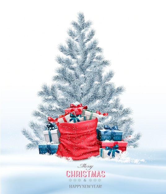 Holiday Christmas background with a sack full of gift boxes and tree.