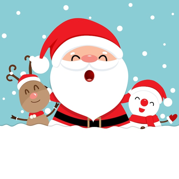 Holiday Christmas greeting card with Santa Claus reindeer and Snowman Vector illustration