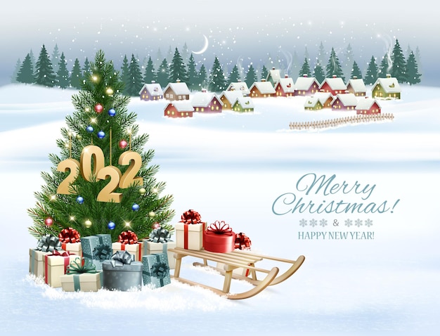 Holiday Christmas and Happy New Year background with a winter village and  christmas tree, winter sledge and colorful presents. Vector.