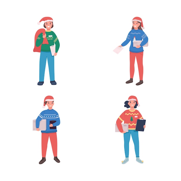 Holiday delivery courier flat color character set. Postman in Santa Claus hat. Christmas time. Festive season order isolated cartoon illustration for web graphic design and animation collection