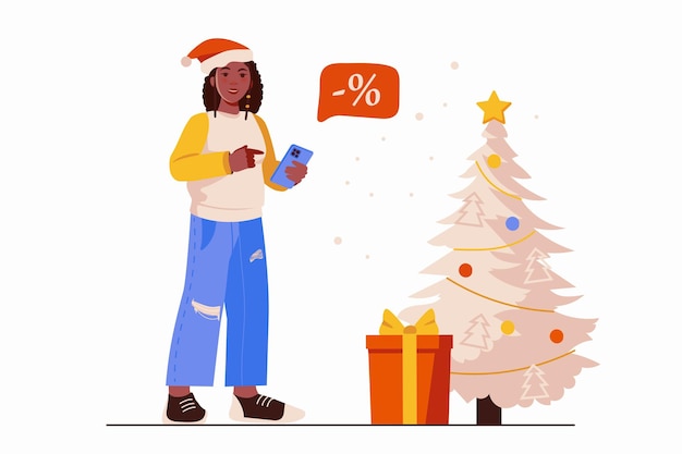 Holiday discounts concept with people scene in the flat cartoon style the girl takes the opportunity