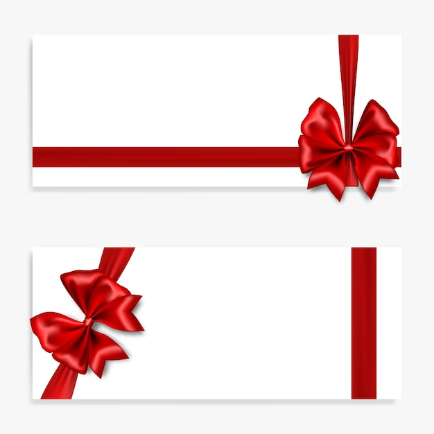 Holiday gift paper banner with red satin bow Top view realistic 3d vector coupon