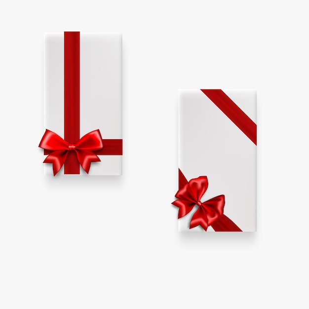 Holiday gift two white box with red satin bow Top view realistic 3d vector object Satin silk ribbon