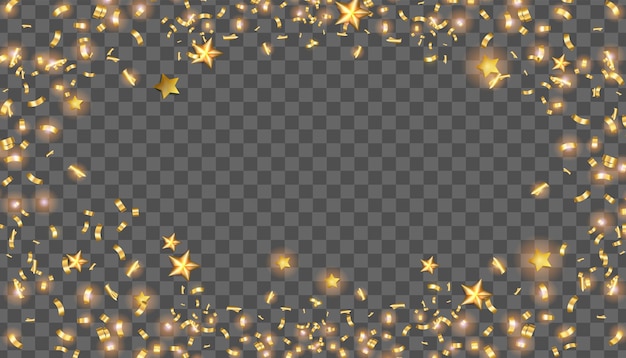 Holiday golden confetti on transparent background vector Christmas paper flying tinsel stars