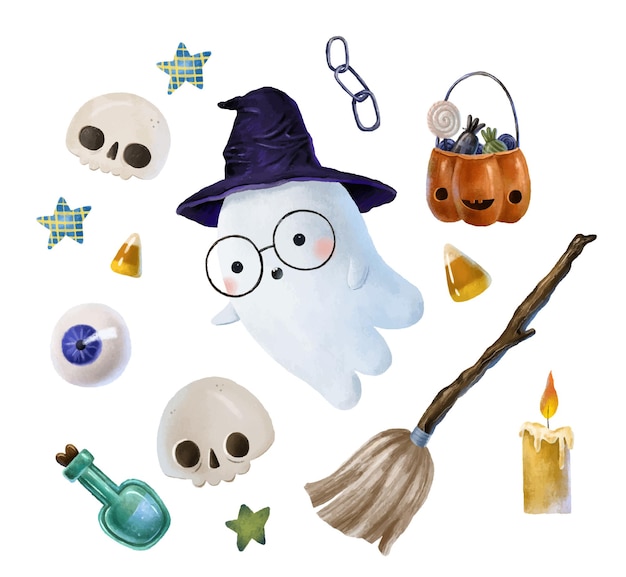 Holiday Halloween set halloween elements Pumpkin witch's cauldron candy ghosts candy eyes skulls