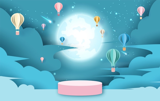 Holiday of hot air balloons on abstract cloud in full moon and shooting star night sky background with pink stage podium and blank space for product. Paper cut and craft style. vector, illustration.