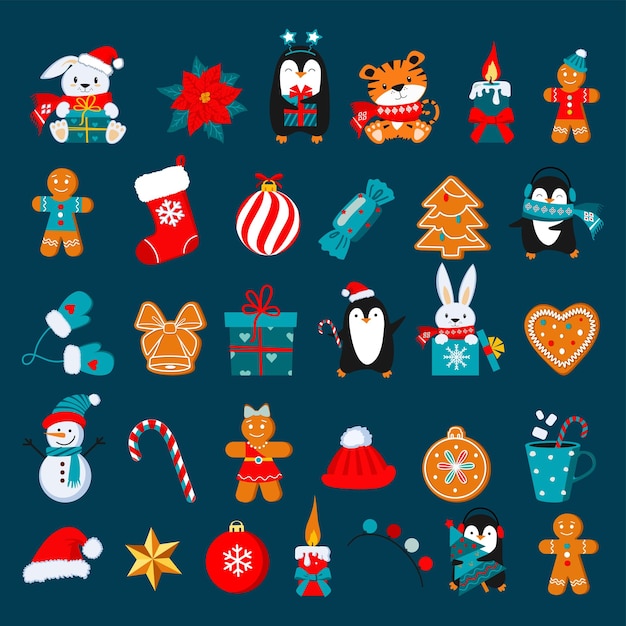 Holiday icons set on dark blue background