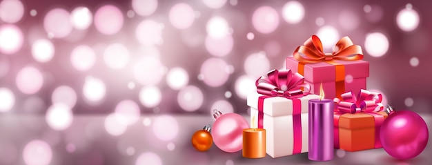 Holiday illustration with several colored gift boxes with ribbons and bows burning candles and Christmas balls on a blurred background with bokeh effect in pink colors