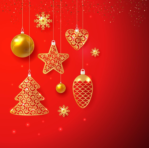 Holiday New Year and Merry Christmas Background. Gold christmas toys on on dark bokeh background. Vector illustration.