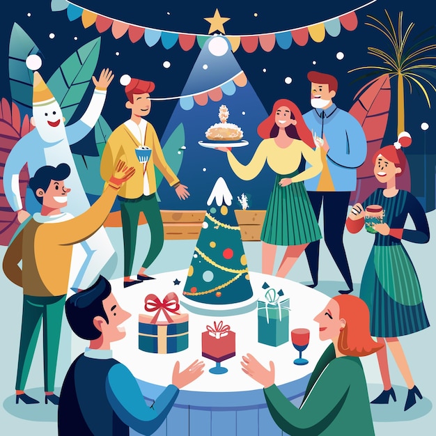 Vector holiday party celebration with festive decor and gifts