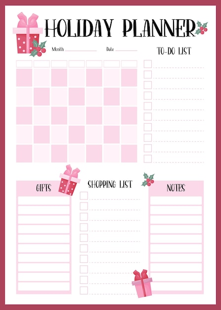 Holiday planner Christmas organizer month calendar todo list shopping list gifts and notes