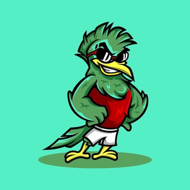 holiday quetzal green bird with glasses, cute cartoon illustration