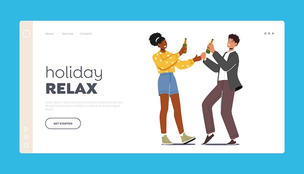 Holiday Relax Landing Page Template Happy People Drink on Party Friends Joy Cheerful Employees Young Characters