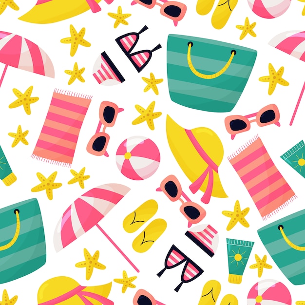 Holiday  seamless pattern. Cute cartoon beach accessories: sunglasses, beach bag, starfish, sun cream, swimwear and flip flops. Summer vacation.