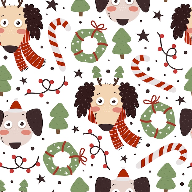 holiday Seamless pattern with cartoon dog, candy, christmas trees, decor elements.