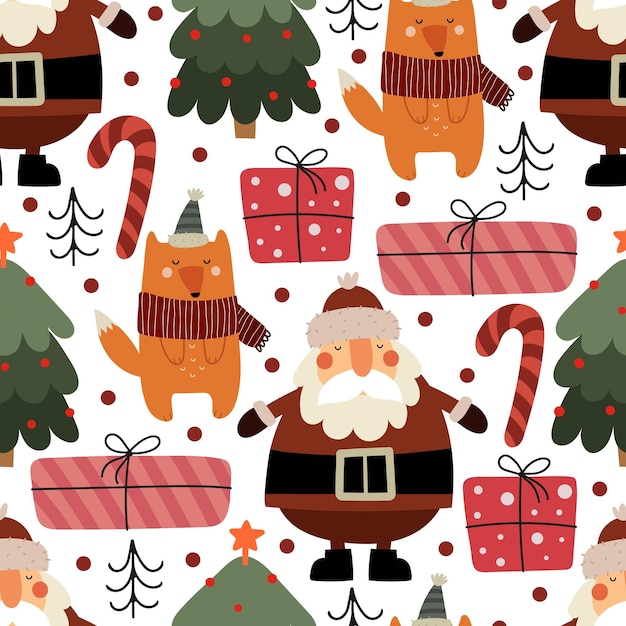 holiday Seamless pattern with cartoon foxes, Santa Claus, trees, present, decor elements