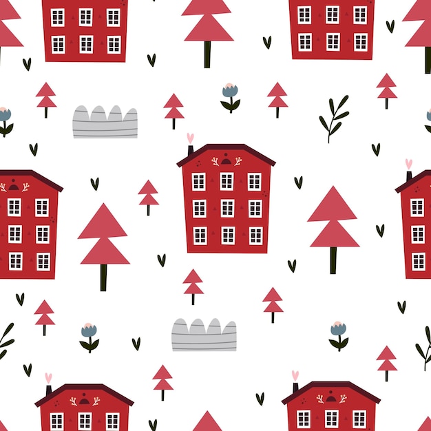 holiday Seamless pattern with cartoon houses, decor elements