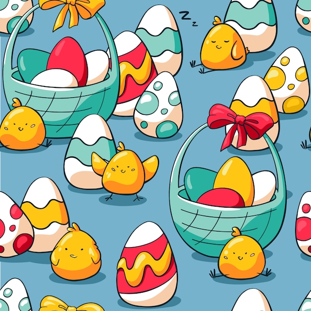 Holiday seamless pattern with doodle easter symbols. 