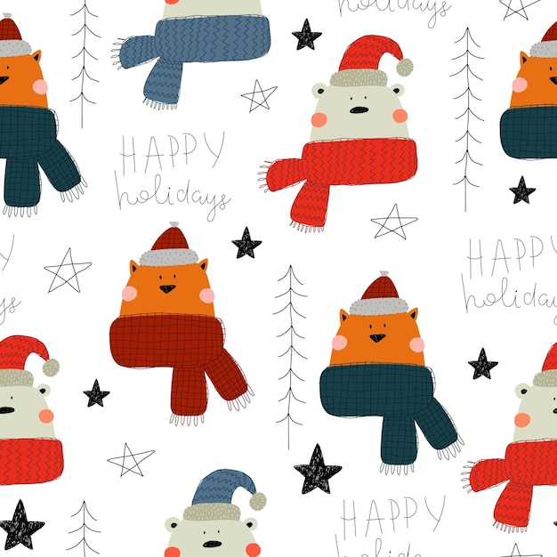 holiday seamless pattern with fox, bear, trees, decor elements