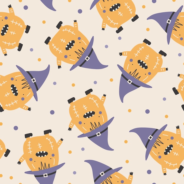 Holiday seamless pattern with funny characters pumpkins Halloween vector illustration Creative childish texture in scandinavian style Great for fabric textile