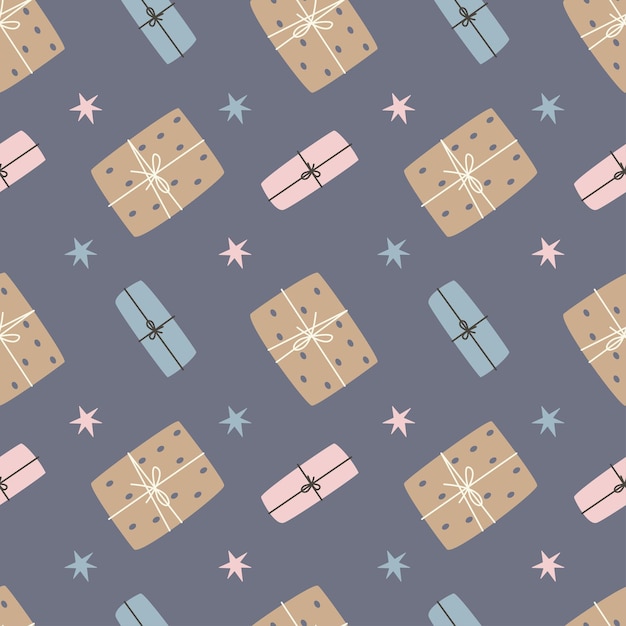 Holiday seamless pattern with hand drawn gift box star isolated on blue background