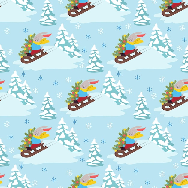 Holiday seamless pattern with hand drawn rabbit on a sleigh