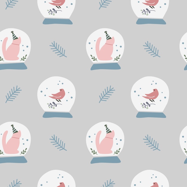 Holiday seamless pattern with hand drawn snowball cat bird tree isolated on gray background