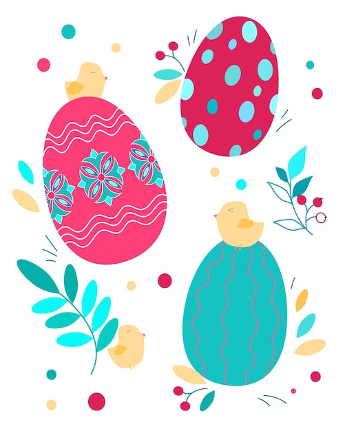 Holiday set with Easter eggs chickens and twigs Easter Vector