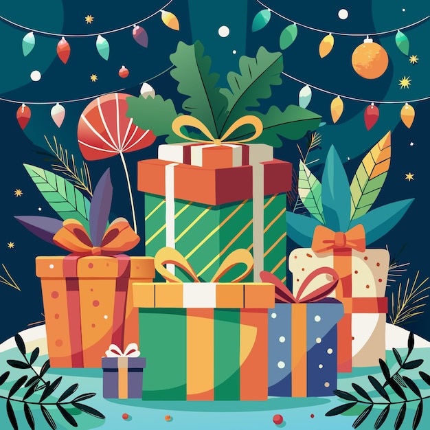 Vector holiday themed background with large wrapped gift boxes and ribbons for boxing day