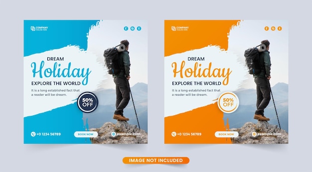 Holiday vacation planner business flyer template Tour and travel social media post design with yellow and blue color Travel agency business poster design vector Travel discount offer brochure