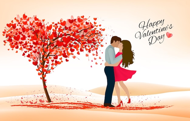 Holiday Valentine's Day background. Couple in love and heart shape tree with heart-shaped leaves. Vector