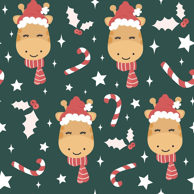 holidays seamless pattern with giraffe with santa claus hat, holly, candy cane and stars