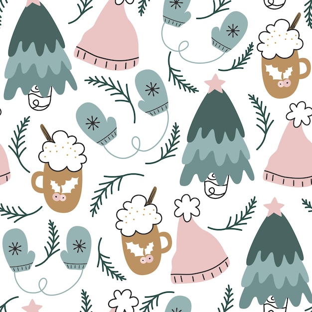 holidays seamless pattern with traditional christmas and winter elements